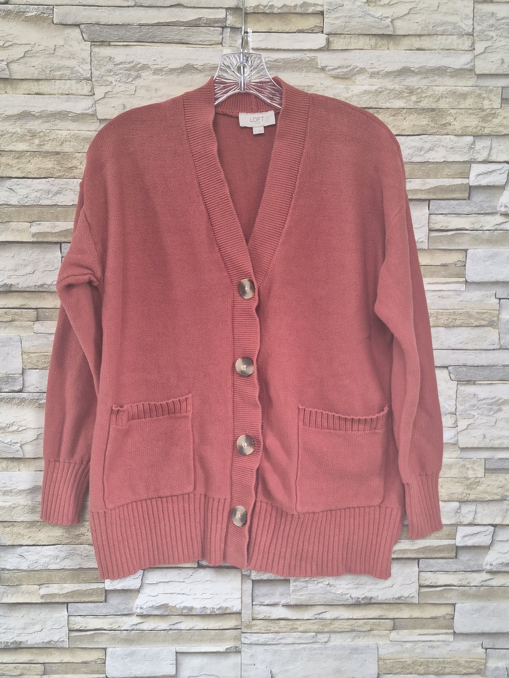 LOFT Outlet Cotton Cardigan Sweater Women's M Rust Orange V-Neck Patch Pockets